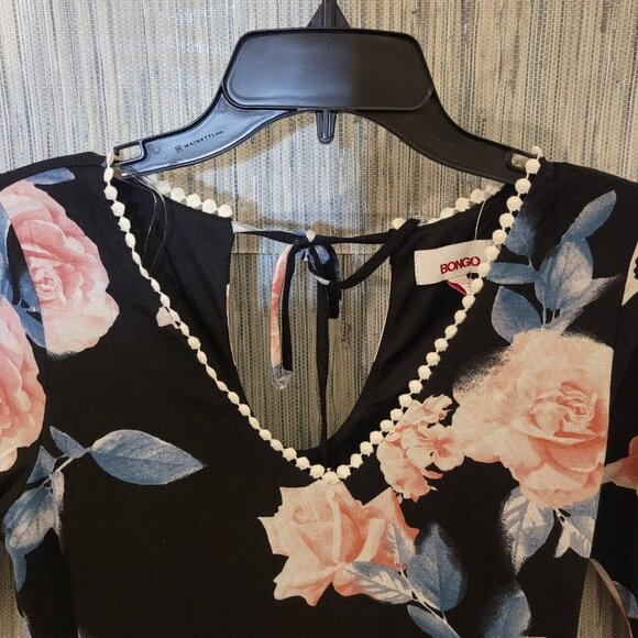 NWOT Bongo V Neck Bell Long Sleeve Back Tie Floral Mini Black Dress Size Small - Picture 3 of 12